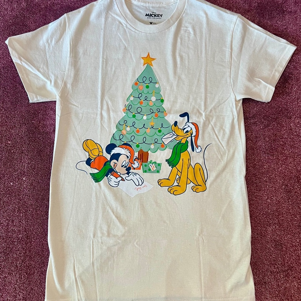 Disney Christmas Mickey Mouse & Pluto Letter For Santa Graphic Tee Shirt Size S